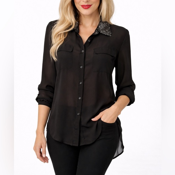 Tops - Black Sheer Button-Up Blouse w/ Sequin Collar | Chic Dressy Top